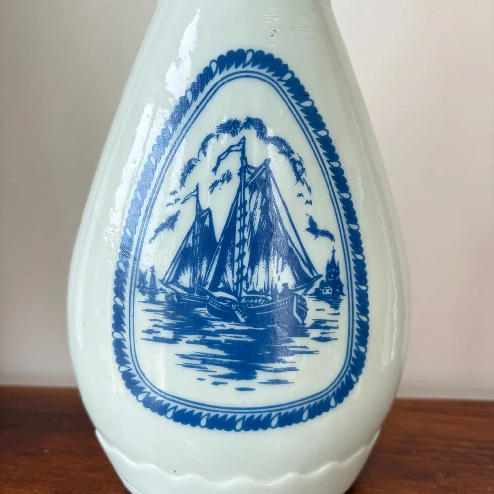 Vintage Milk Glass Nautical Sailboat Windmill Decanter Bottle Blue White 10.75in